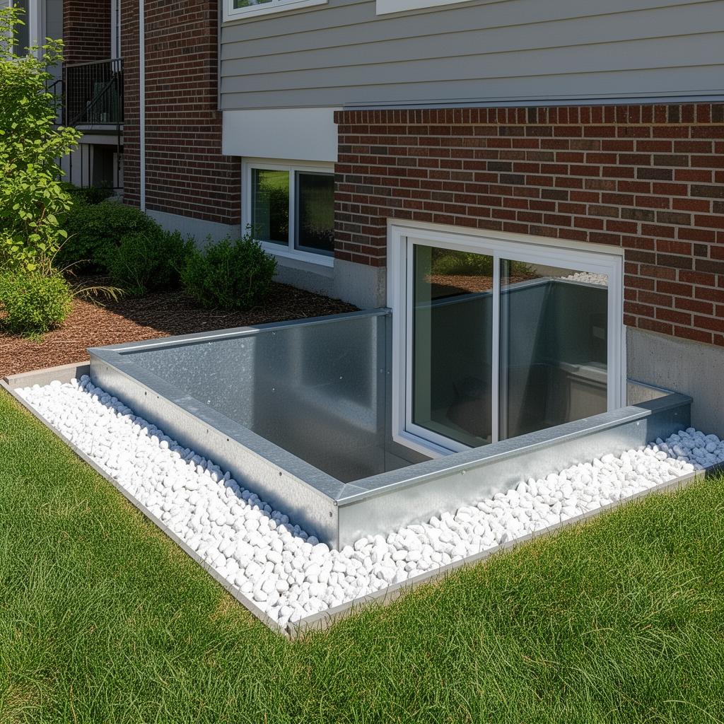 Galvanized window well with white gravel drainage at a Denver home